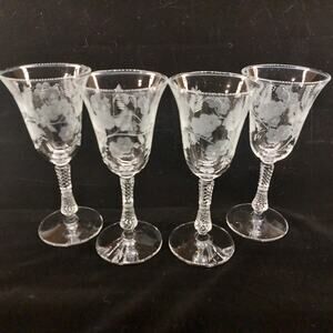 Set of 4 Vtg LIBBEY ROCK SHARPE 3007 Crystal Wine Water Goblets Etched Floral